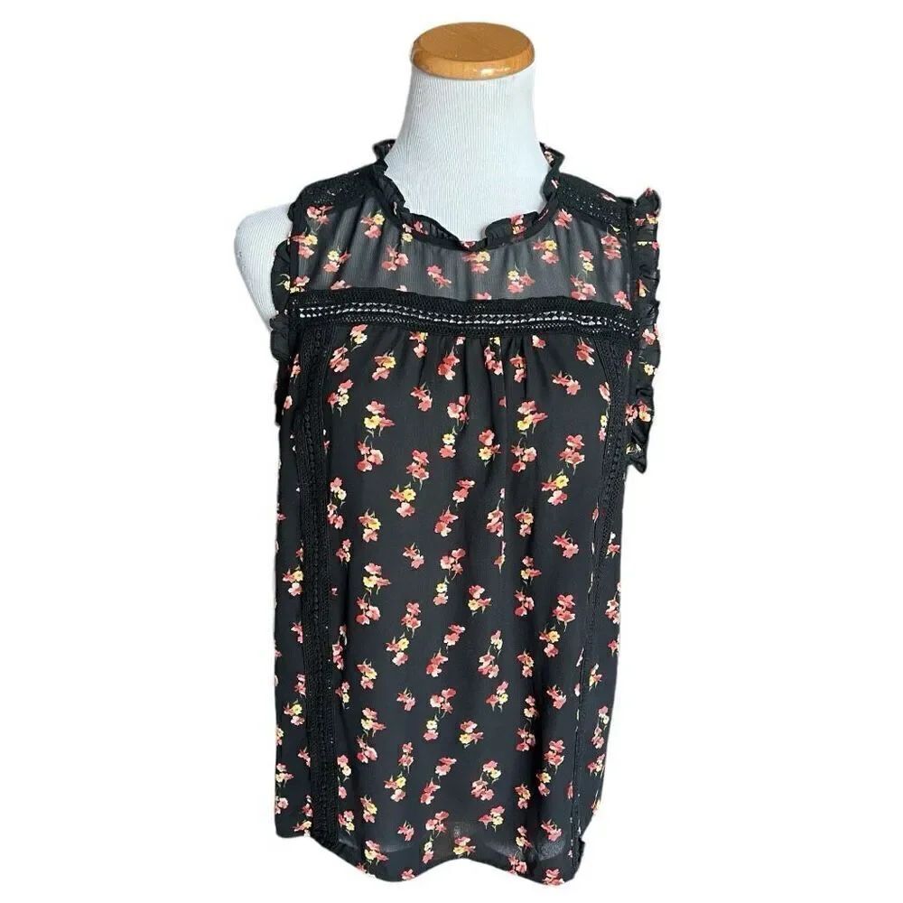 Womens ANA a.n.a. Lettuce Trim High Neckline Floral Print Sleeveless Top - Sz L